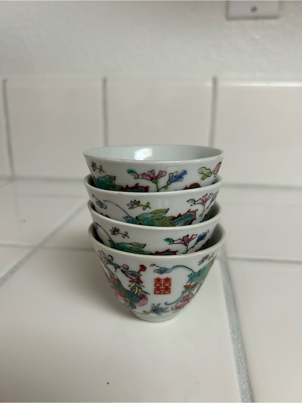 Porcelain Chinese Tea Cups with Multicolor Floral and Bird Motif
